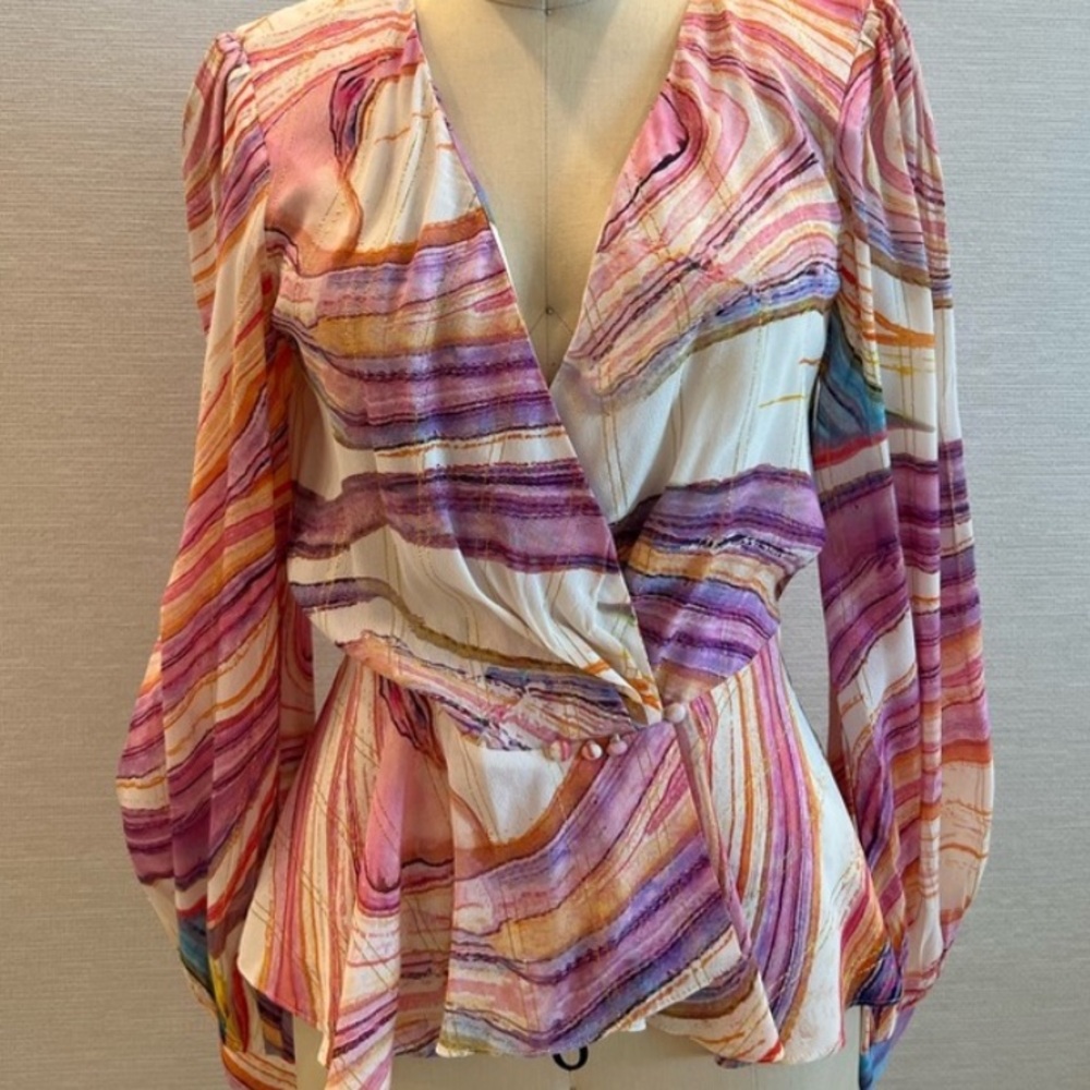 Rococo Sand Vibrant Swirl Tie-Front Blouse